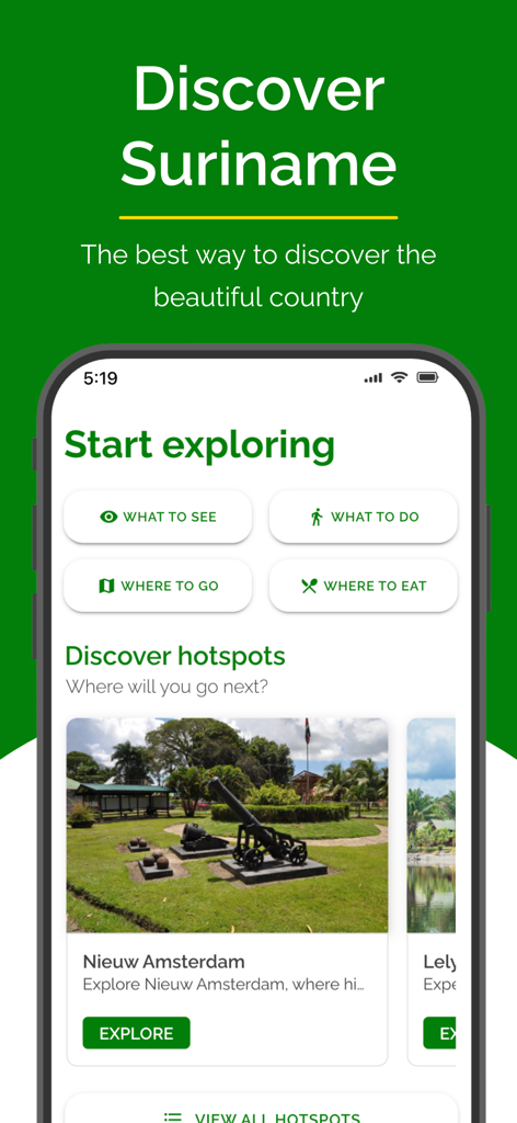 수리남 앱 홈 화면으로 볼거리 및 즐길거리, 인기 여행 명소와 같은 카테고리가 표시됩니다.