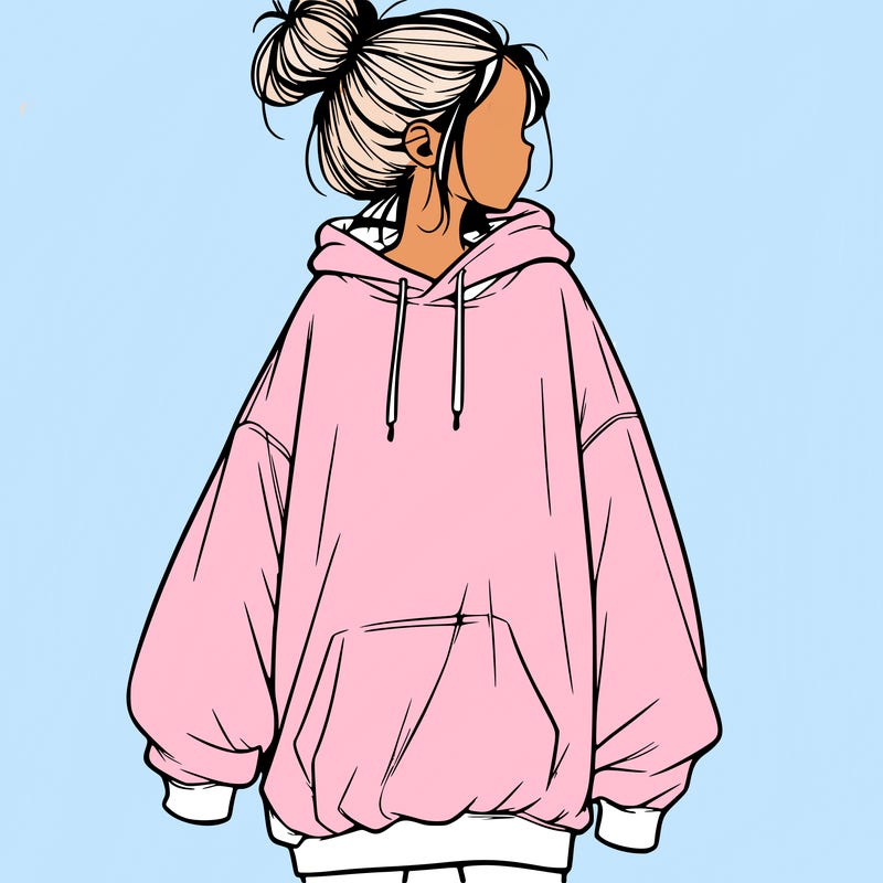 realistic girl with a oversized sweatshirt on and a bun