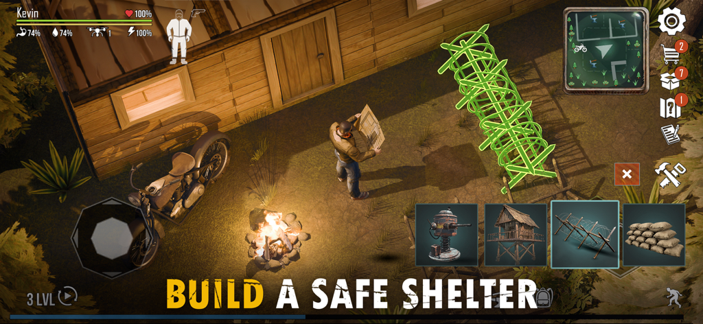 Live or Die 1: Zombie Survival - Un survivant construit un abri sûr avec un feu de camp et une moto dans Live or Die 1 Zombie Survival.