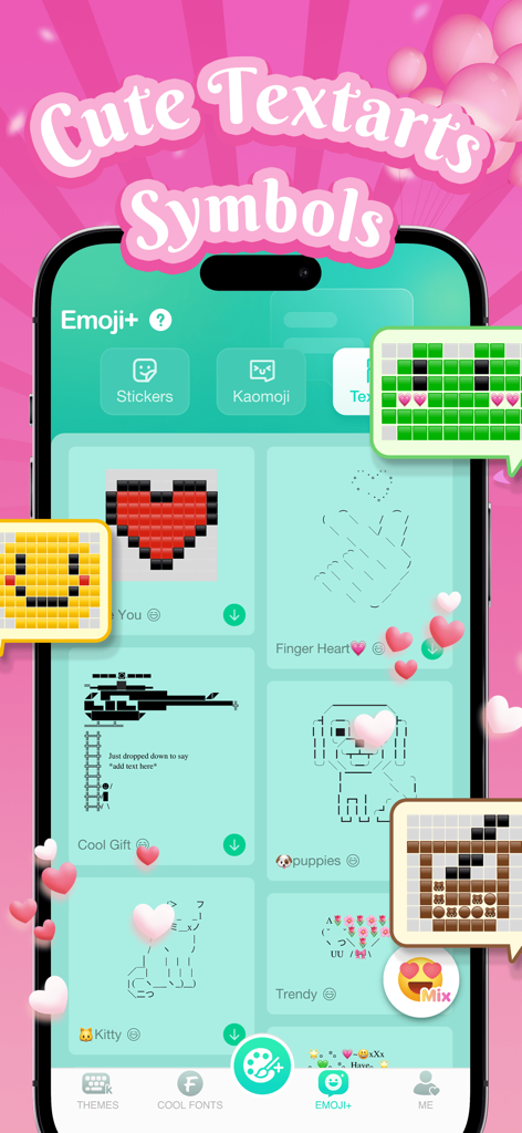 Una selección de tiernos artes de texto y símbolos para redes sociales en la aplicación Teclado Kika