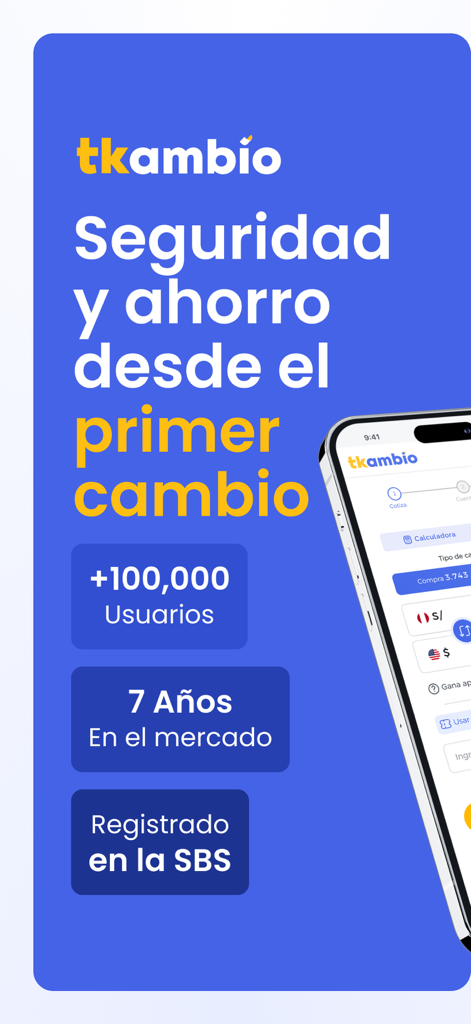 Schermata principale dell'app mobile TKambio che mostra la registrazione SBS e le funzionalità di cambio valuta.