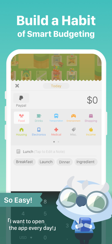 Fortune City app interface for logging expenses with colorful icons and a cute owl mascot