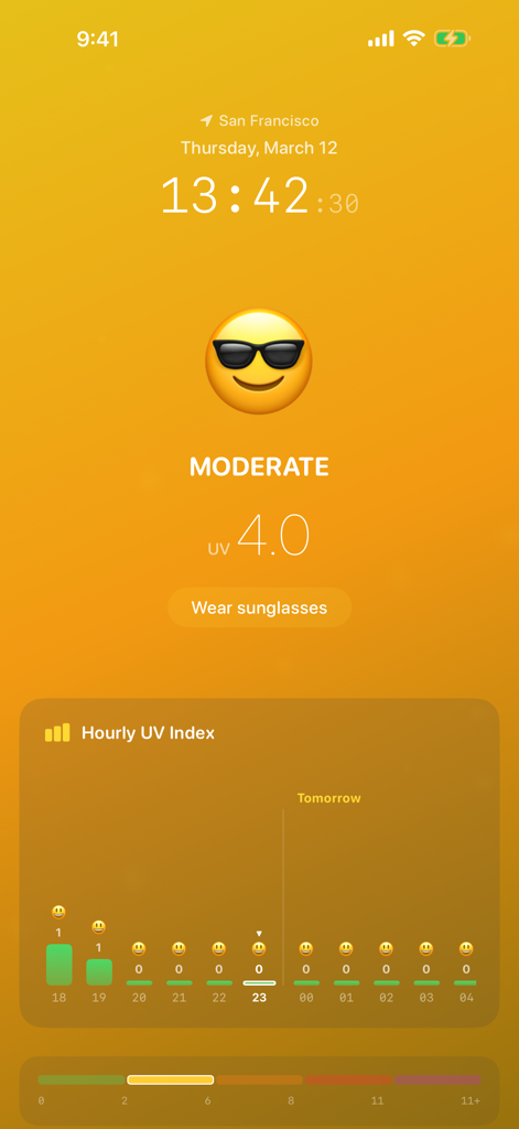 UVready App-Oberfläche zeigt einen moderaten UV-Index von 4,0 mit einem stündlichen Vorhersage-Diagramm.