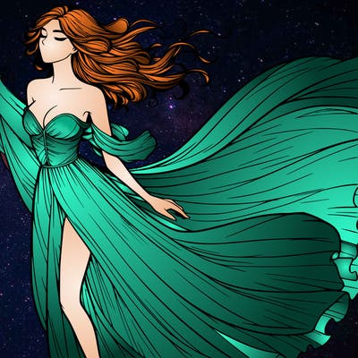 realistic woman in dress flowing the the wind