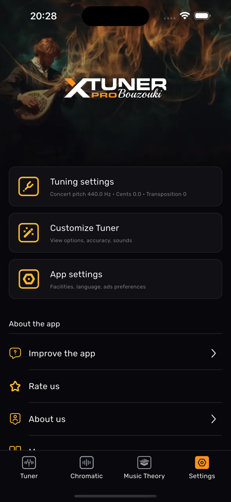 Bouzouki Tuner – XTuner PRO - The settings menu of the XTuner PRO Bouzouki app showing tuning and app configuration options.