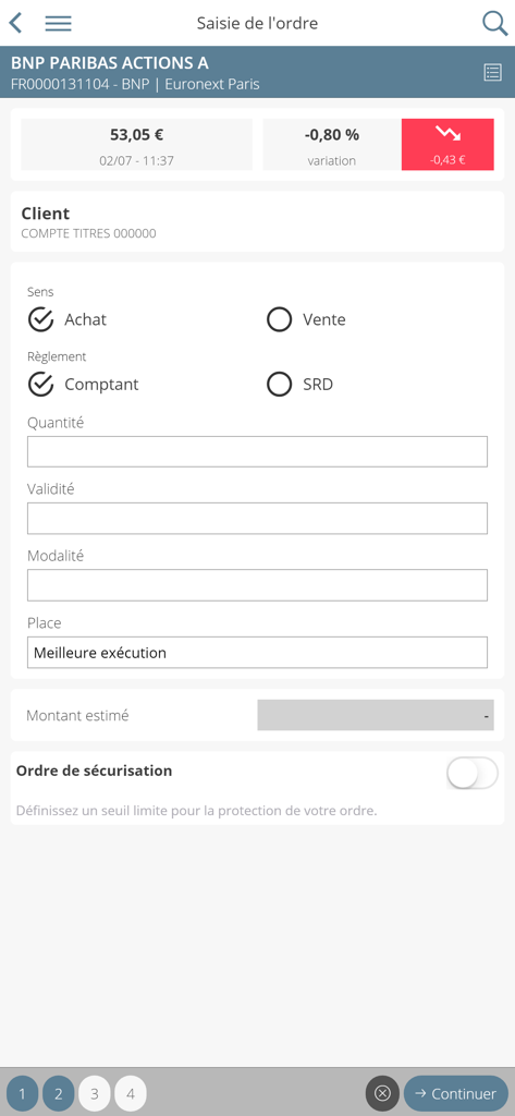 L'Appli Bourse Portzamparc - Portzamparc mobile app screen for entering stock market orders for BNP Paribas shares