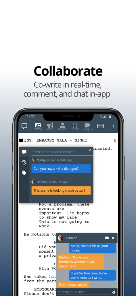 WriterDuet - WriterDuet mobile app interface showing real-time collaboration with comments and chat for screenwriters