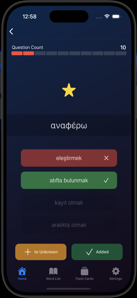 Luna Greek Turkish Verbs Test - Pantalla de test de traducción de verbos del griego al turco con opciones de respuesta múltiple