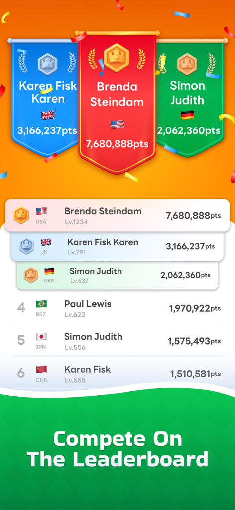 Sudoku Now! - Captura de pantalla del juego Sudoku Ahora mostrando la tabla de clasificación global de jugadores y las puntuaciones más altas
