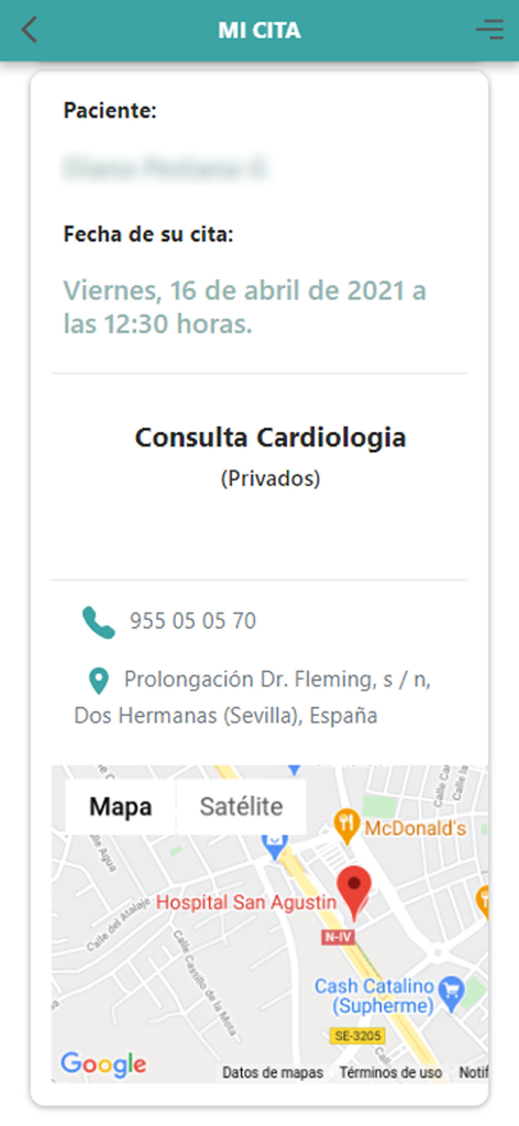 Pantalla de la aplicación del Hospital San Agustín que muestra los detalles de la cita de cardiología y un mapa de ubicación