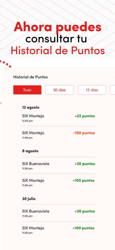 Suma Six - Pantalla de la aplicación Suma Six mostrando el historial de puntos de recompensa del usuario y las transacciones recientes.