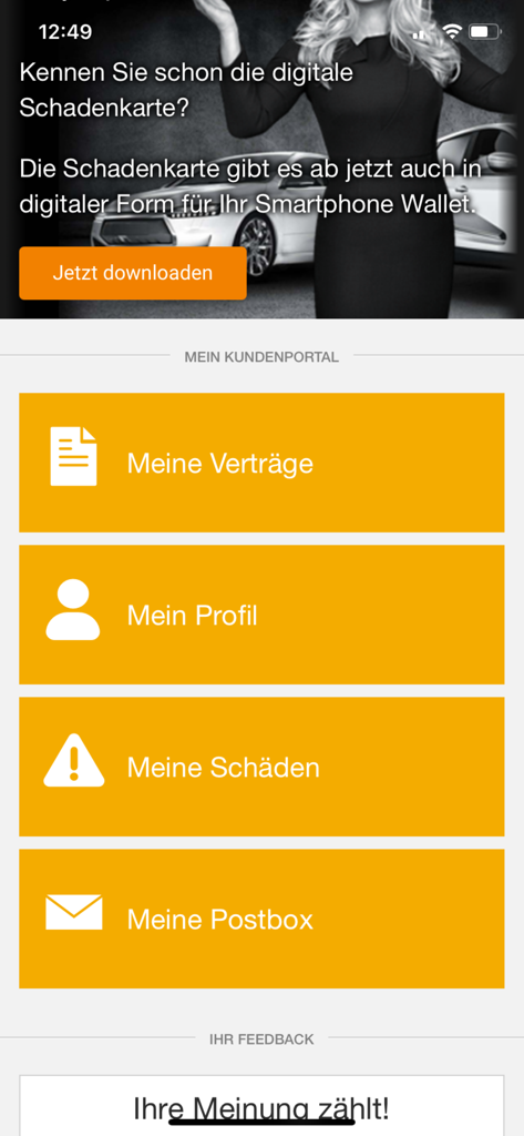 VHV Kundenportal - Main dashboard of the VHV Kundenportal insurance app featuring menu options for contracts, profile, claims, and mailbox.