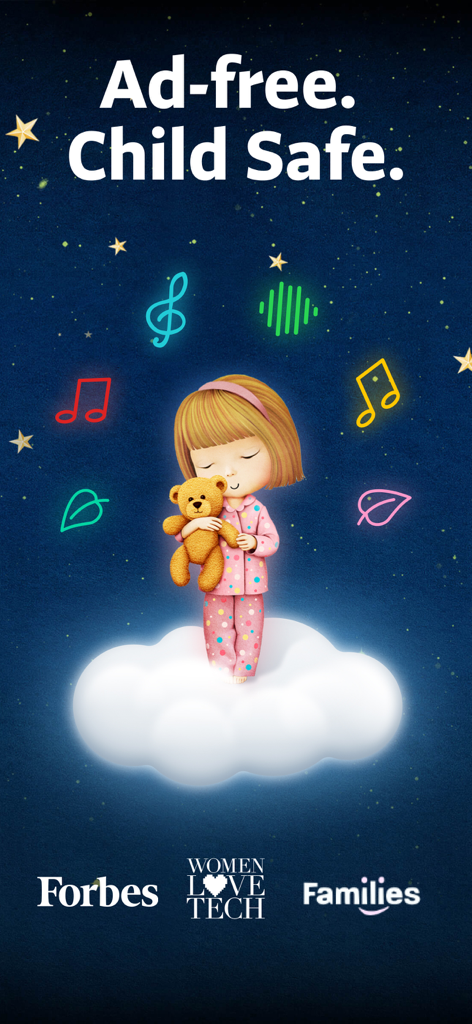 Readmio app screen showing a child holding a teddy bear on a cloud with text describing it as ad-free and child-safe