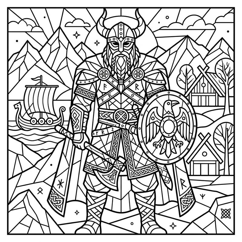 Embark on an epic coloring quest with this powerful Viking Jarl, rendered in a captivating stained-glass art style. Bring to life the chieftain's formidable presence and intricate details with your favorite colors.