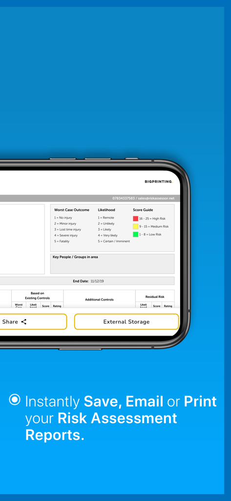 Risk Assessor Pro - Smartphone screen displaying a risk assessment report with sharing and printing options