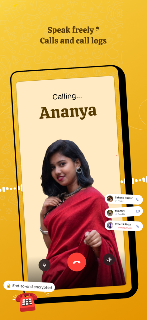Arattai Messenger - Arattai Messenger app interface showing an encrypted video call and call history