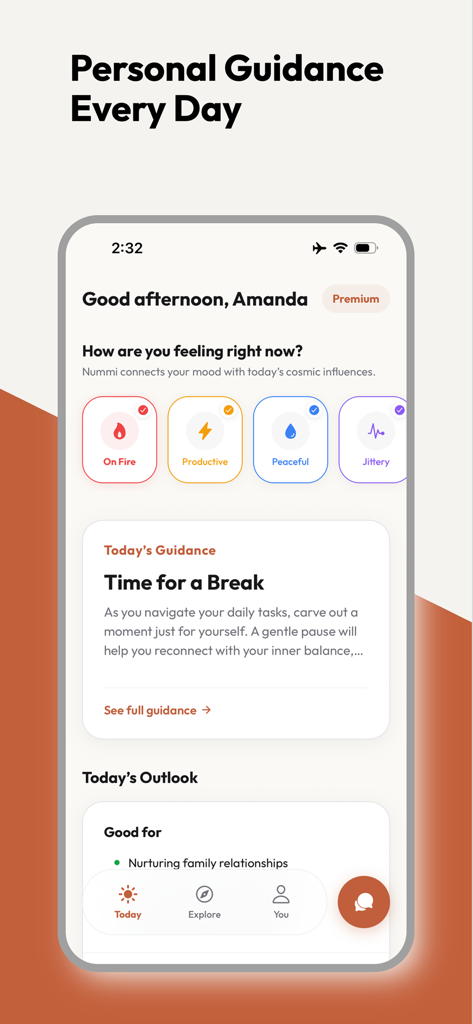 Nummi AI - Nummi AI app dashboard showing personalized daily guidance and mood tracking for spiritual wellness.