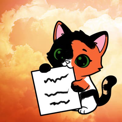 a small cat with a blank sheet of paper in its hand. the cat is sooooooo cute!