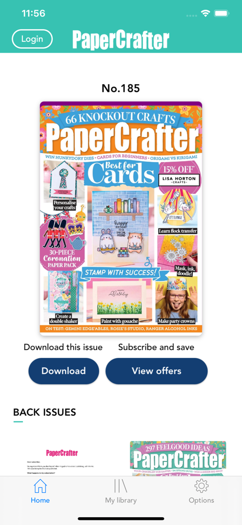 PaperCrafter Magazine app interface displaying issue number 185 with download and subscription options