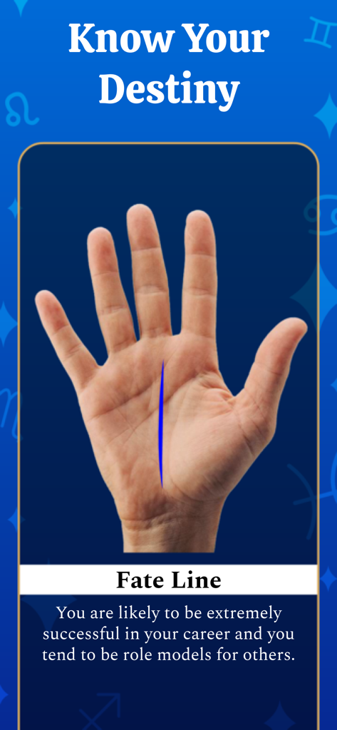 キャリアの成功と運命についての予測と共に運命線を示す手相鑑定画面