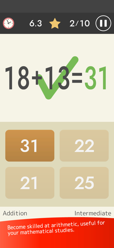 Mental Arithmetic Math - Mental arithmetic math game screen showing an addition problem with multiple choice answers