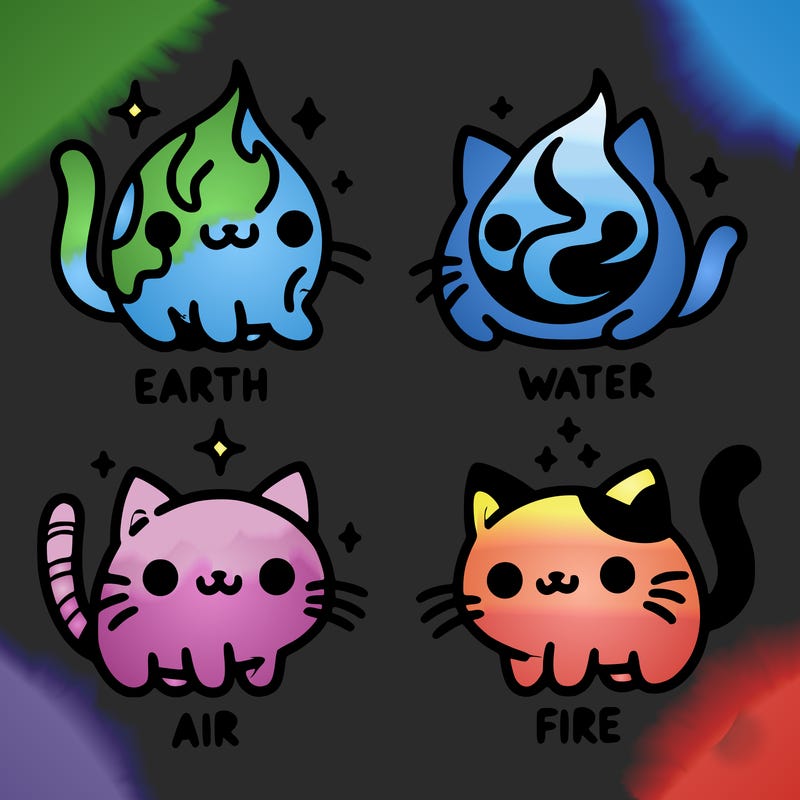 4 cats that represent the different elements, earth, water, air, and fire