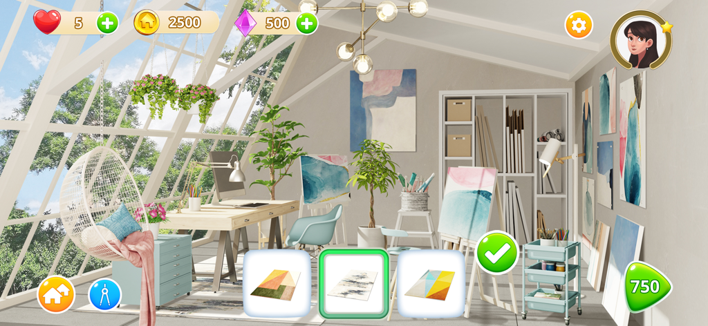 Interior design gameplay in Homematch featuring an art studio makeover