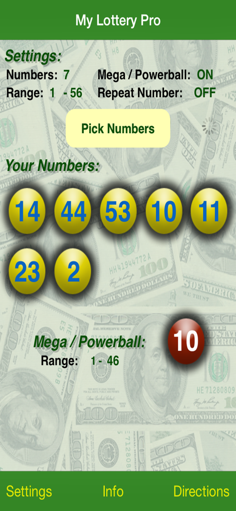 My Lottery Pro - My Lottery Pro app interface showing generated lottery numbers and settings
