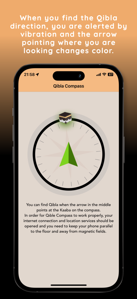 Qibla Compass: Mecca Finder. - Smartphone screen showing a Qibla compass with a green arrow pointing towards the Kaaba icon.