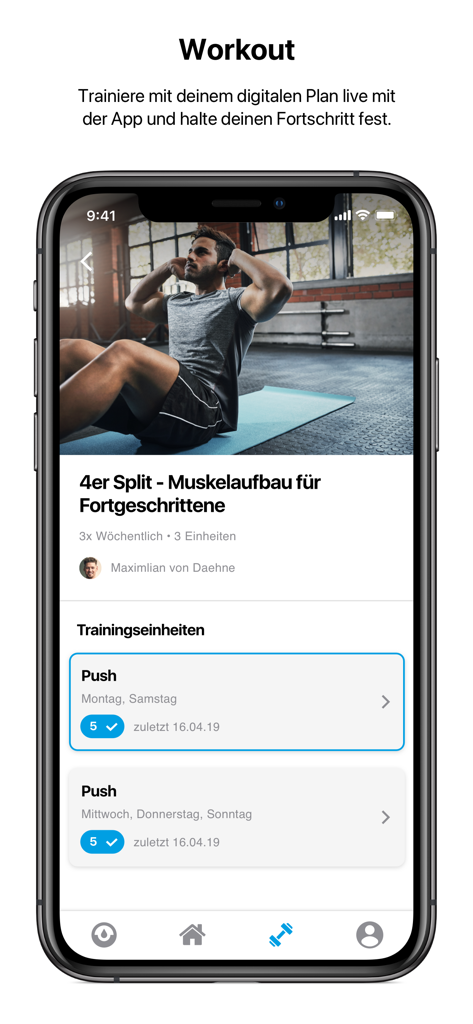 beneFit Fitness - Screenshot of the beneFit Fitness app showing a digital workout plan and scheduled training sessions for muscle building.