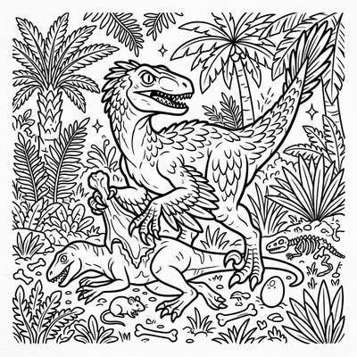 Dive into the thrilling world of prehistoric predators with this engaging Velociraptor coloring page. Capture the intensity of a raptor's hunt amidst a richly detailed jungle environment.