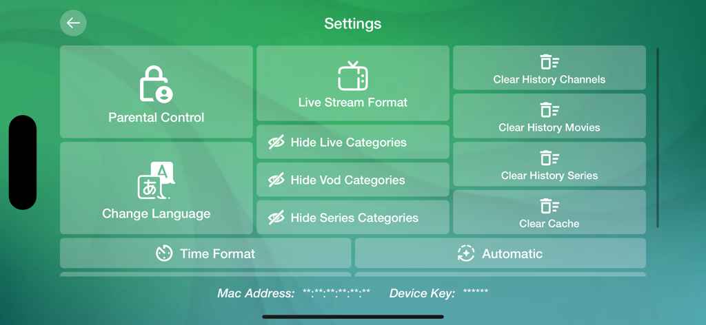 Vivo Player: Smart IPTV Player - Vivo Player settings screen showing parental control and language options