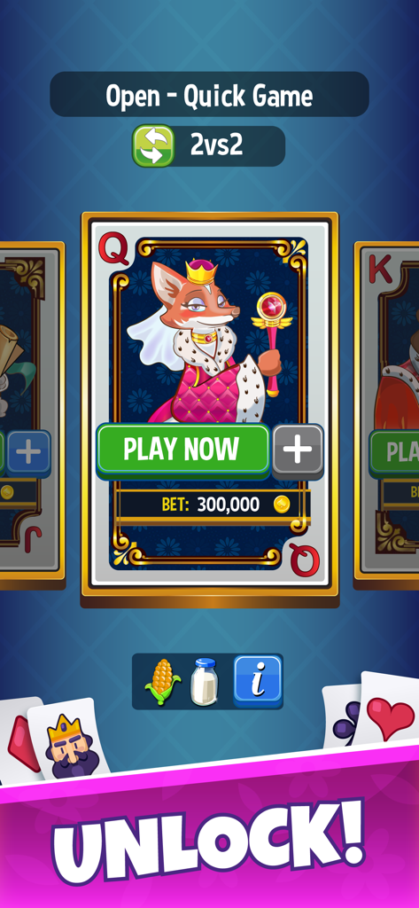 Burraco card game interface showing 2vs2 quick game mode with a queen character card and unlock text