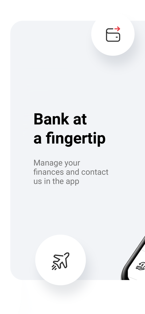 Bank Millennium - Bank Millennium app interface with text Bank at a fingertip and travel and wallet icons