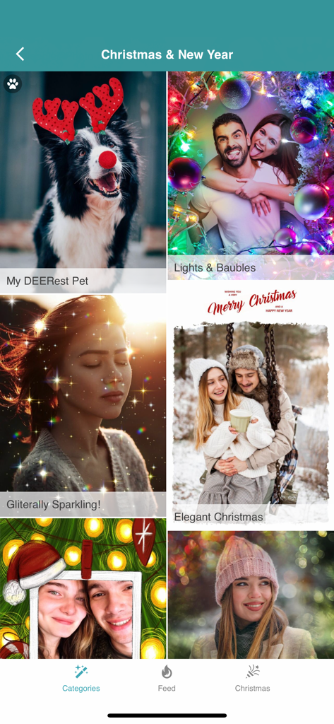 User interface of the Christmas Photo Frames app displaying various festive holiday photo templates and editing categories.