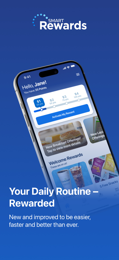 SmartRewards by EG America - SmartRewards app dashboard displaying user points and reward activation button
