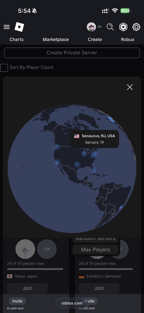 RoQoL - A world map showing Roblox server locations and regions for low ping gaming