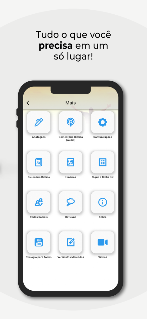 Interface of the Biblia Sagrada Mobidic app showing a grid of icons for study features and devotional content