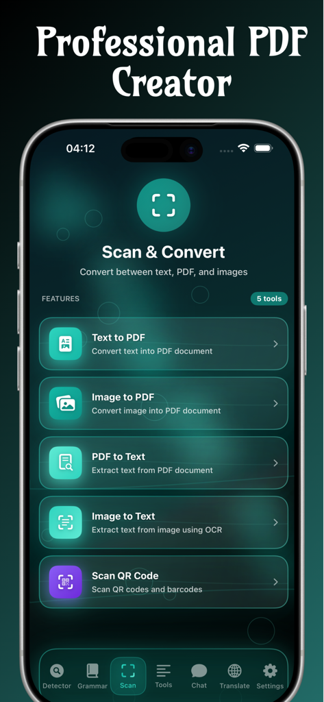 Grammar AI Plagiarism checker - Grammar AI app interface showing document scanner and PDF conversion tools like image to text and PDF to text