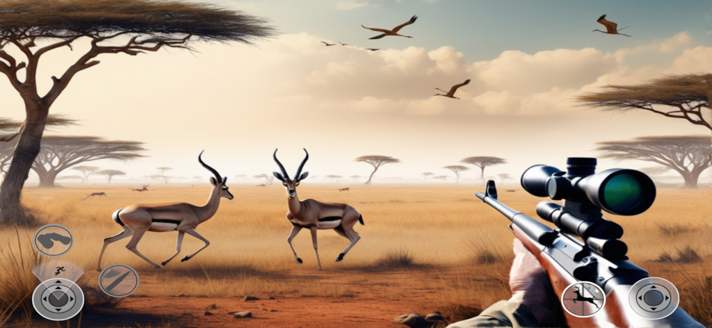 First-person view of a hunting rifle aiming at gazelles in the African savanna
