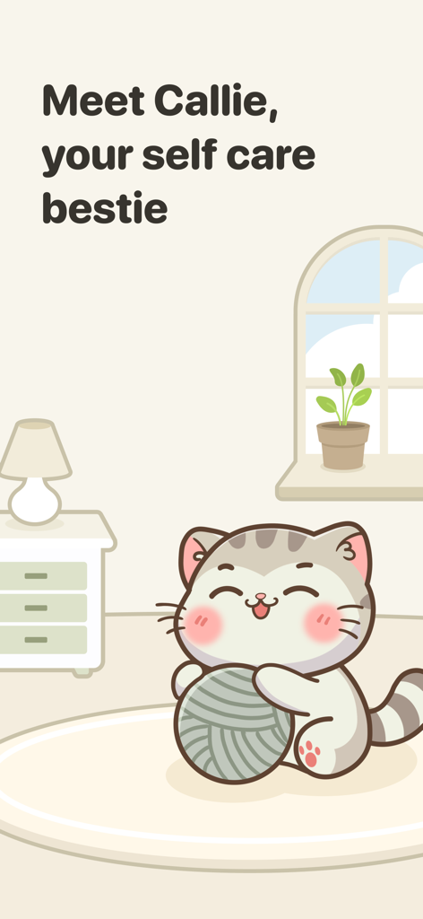 A cute cartoon cat named Callie playing with a yarn ball in a cozy room with the text Meet Callie your self care bestie