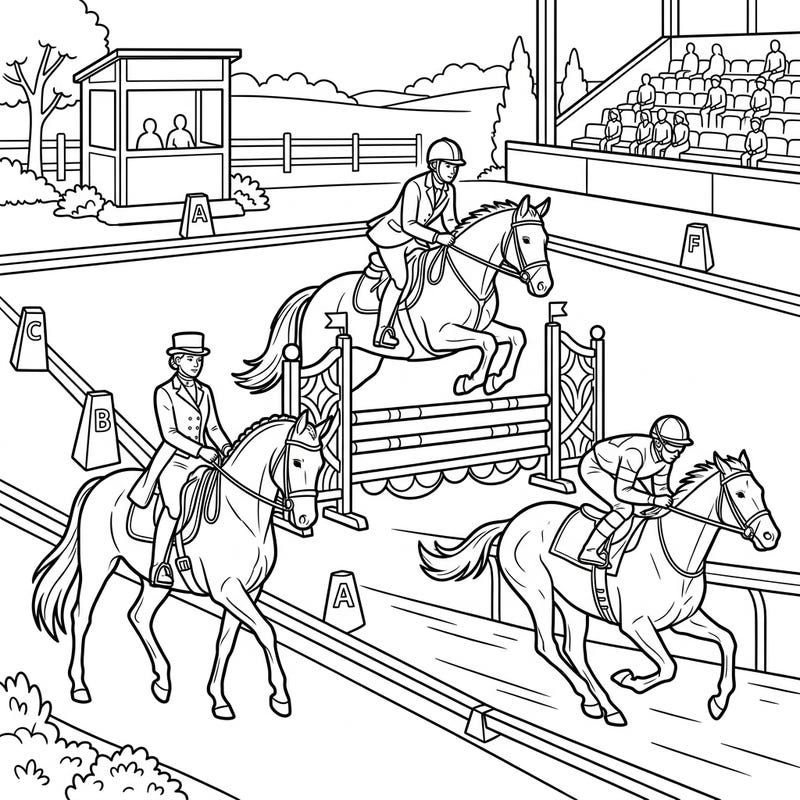 Dive into the exciting world of equestrian sports with this dynamic coloring page for kids! Featuring three different horse riding disciplines, it's perfect for young artists who love horses and action.