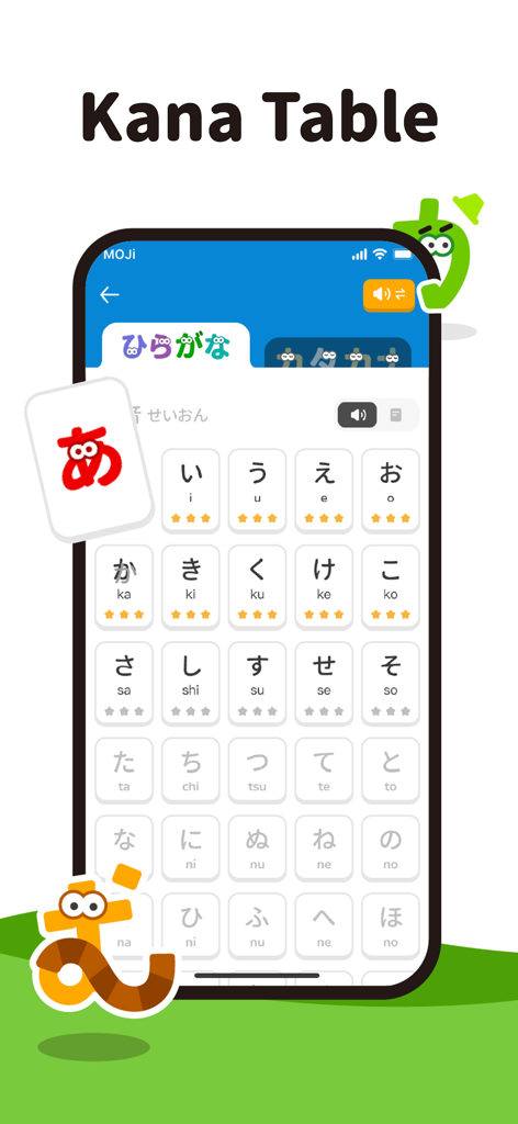 MOJiKana: Hiragana & Katakana - Una pantalla de smartphone que muestra la tabla kana de la aplicación MOJiKana con caracteres japoneses y gráficos adorables