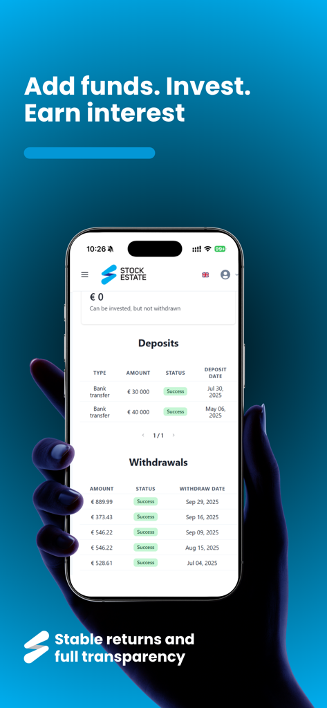 stock.estate - Schermata dell'app mobile che mostra lo storico dei depositi e dei prelievi per gli investimenti immobiliari