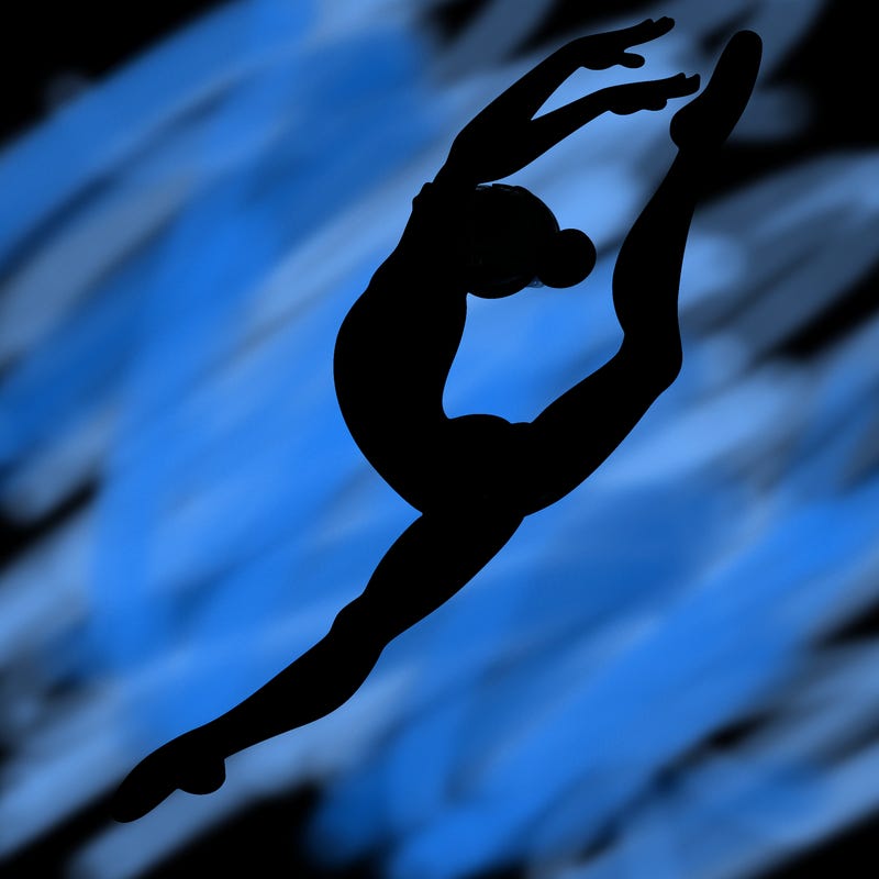 gymnast doing a leap in a leotard with a bent back leg
