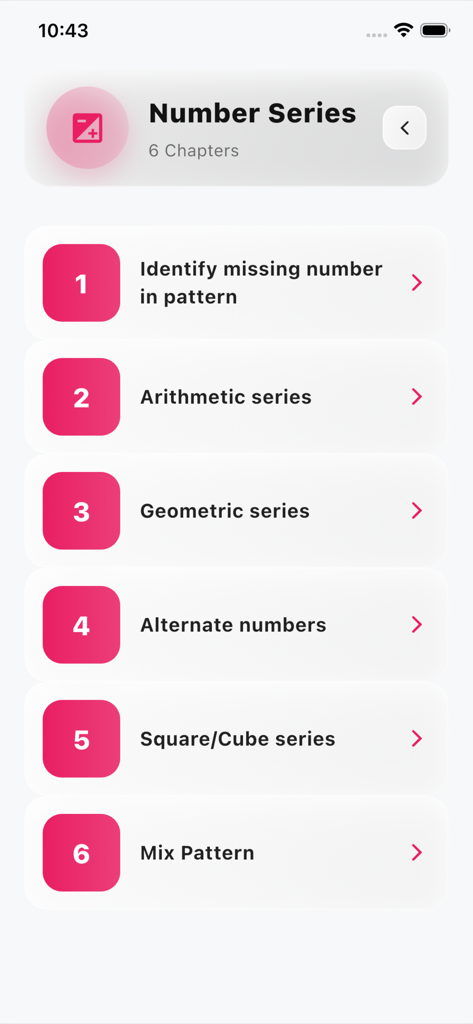 Mobile app interface showing six chapters for Number Series practice including arithmetic and geometric series.