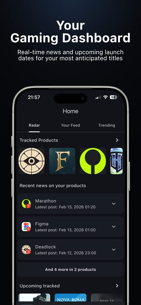 PatchRadar - A screenshot of the PatchRadar mobile app showing the home screen dashboard with tracked games and recent software update notifications.