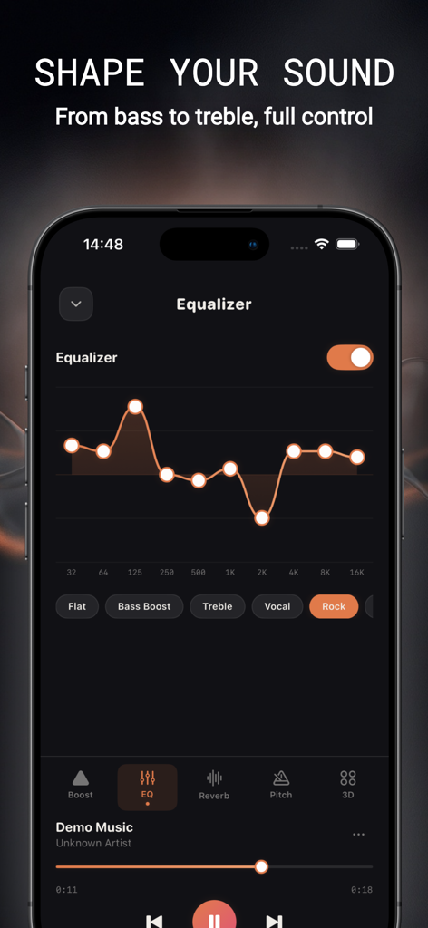 Bass & Volume Booster: Louder - Equalizer interface in the Louder app showing a frequency graph and audio presets for sound shaping.