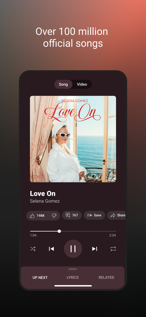 YouTube Music app playback screen showing Selena Gomez Love On with song and video toggle options