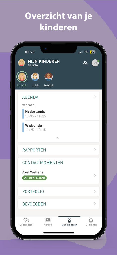 Interface do aplicativo Questi para pais mostrando uma agenda escolar e um resumo do progresso do aluno